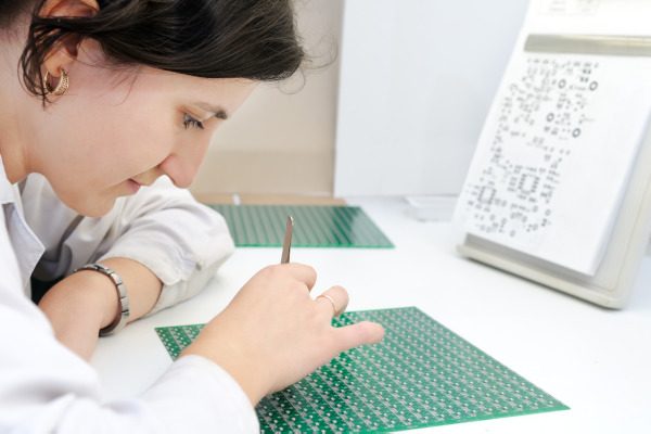 Woman,In,White,Uniform,Checking,Or,Assembling,Components,And,Chip